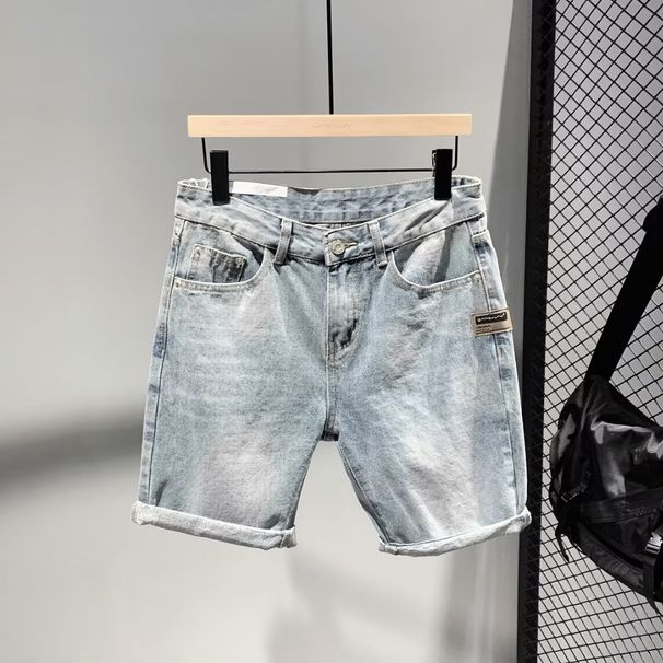 Summer New Light Blue Washed Simple And Versatile Denim Shorts, Men's Personalized Leather Label Decoration, Youth Five_viptrois.com