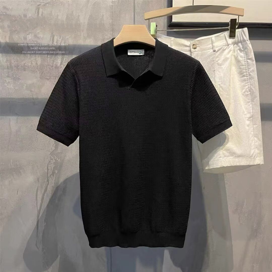 Men's Clothing Summer New Knitted Sweater Ice Silk Short Sleeved Polo Shirt V Neck Slim Fit Business Texture T Shirt_viptrois.com
