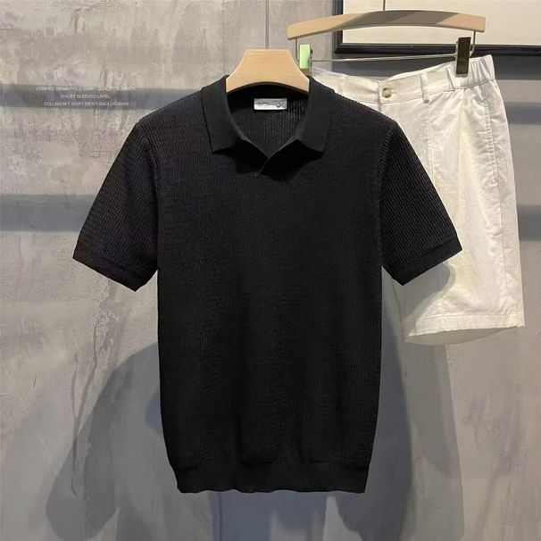 Men's Clothing Summer New Knitted Sweater Ice Silk Short Sleeved Polo Shirt V Neck Slim Fit Business Texture T Shirt_viptrois.com