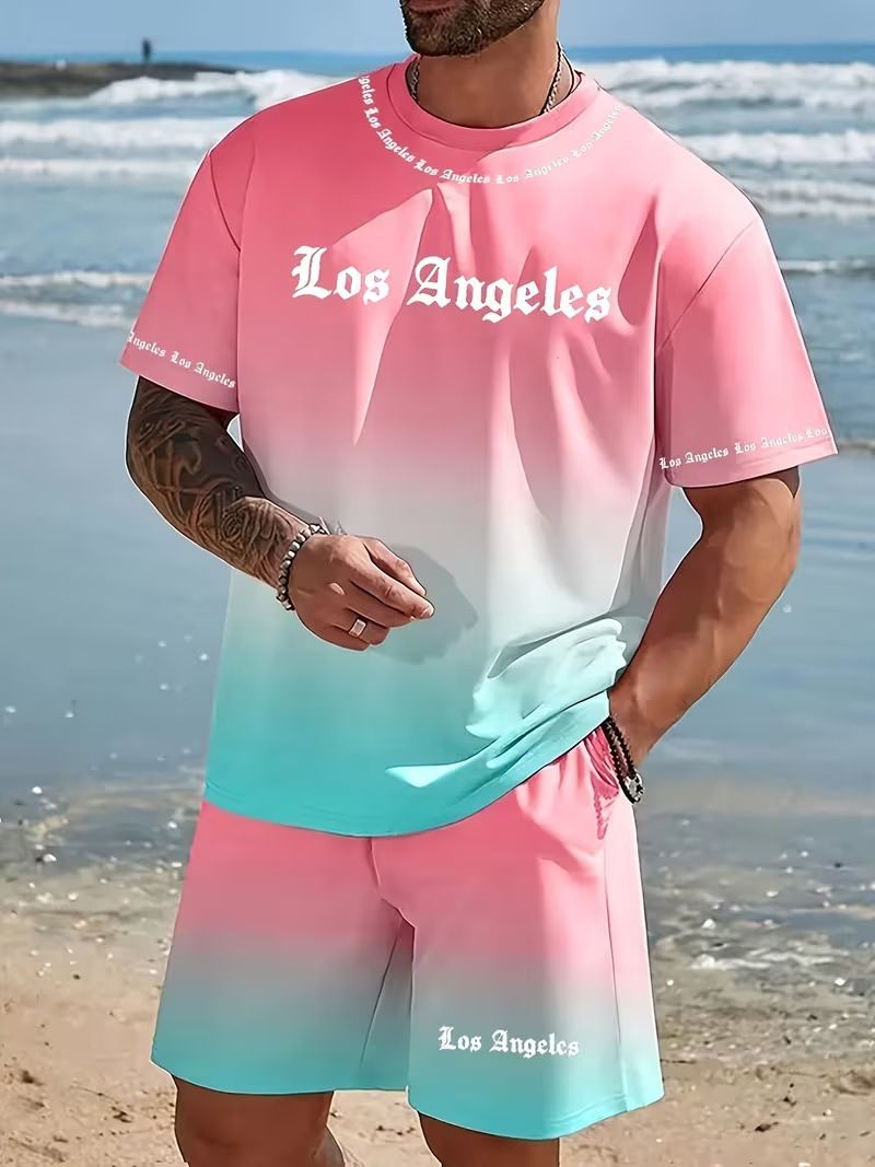 Los Angeles Style Printed Casual Set Men's Summer Outfit Beach Party Outdoor Streetwear Two-Piece_viptrois.com