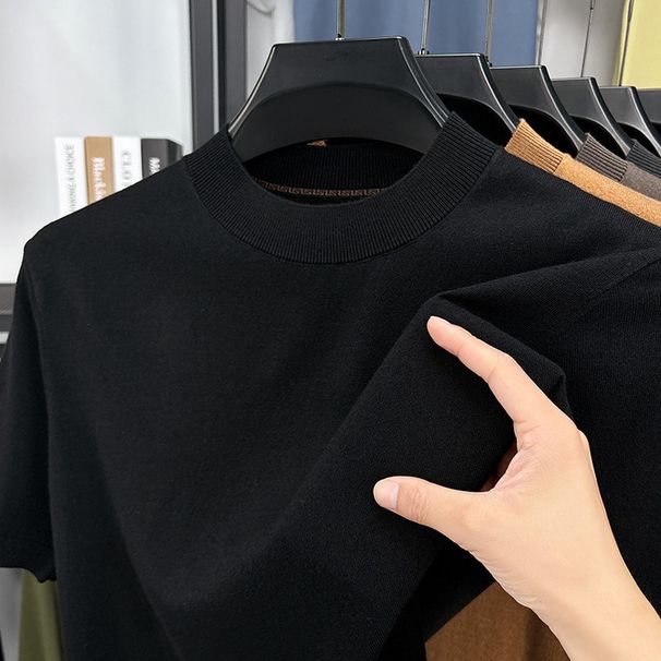 Mulberry Silk Short-sleeved Wool T-shirt Men's Half-turtleneck Thin Blue Half-sleeved Knitted Sweater Men's Clothing_viptrois.com