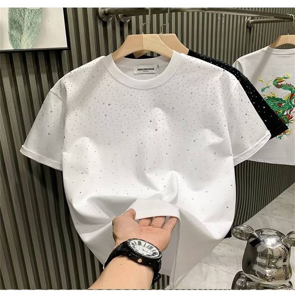 2025 Summer European Fashion Trendy Brand Light Luxury Men's Short Internet Celebrity Niche Hot Diamond High-end Round Neck Half_viptrois.com