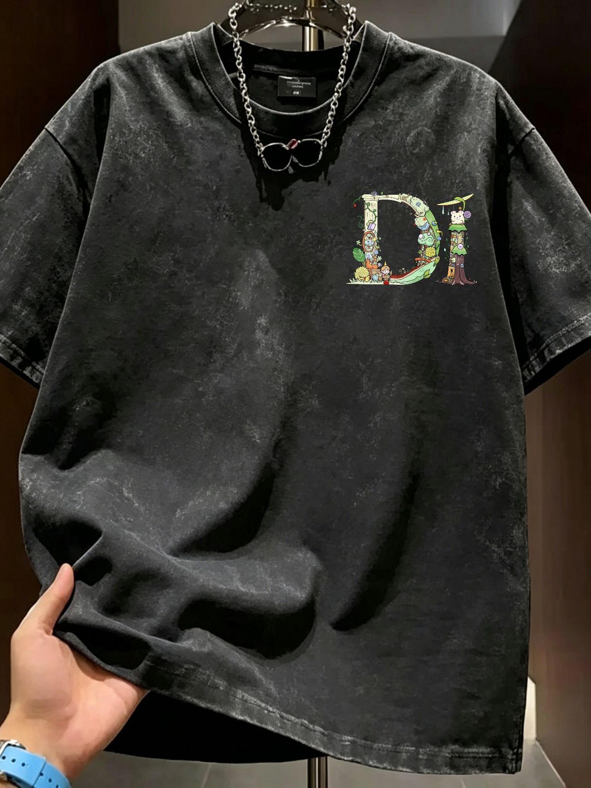 Vintage Cartoon Letter Graphic 230G Washed Cotton Oversized T-Shirt Men's Casual Luxury Short Sleeve Summer Tee_viptrois.com