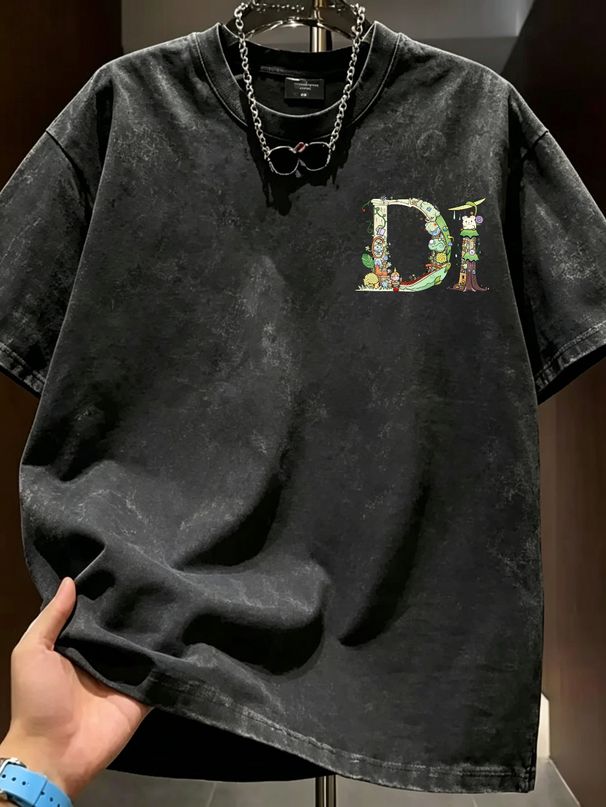 Vintage Cartoon Letter Graphic 230G Washed Cotton Oversized T-Shirt Men's Casual Luxury Short Sleeve Summer Tee_viptrois.com