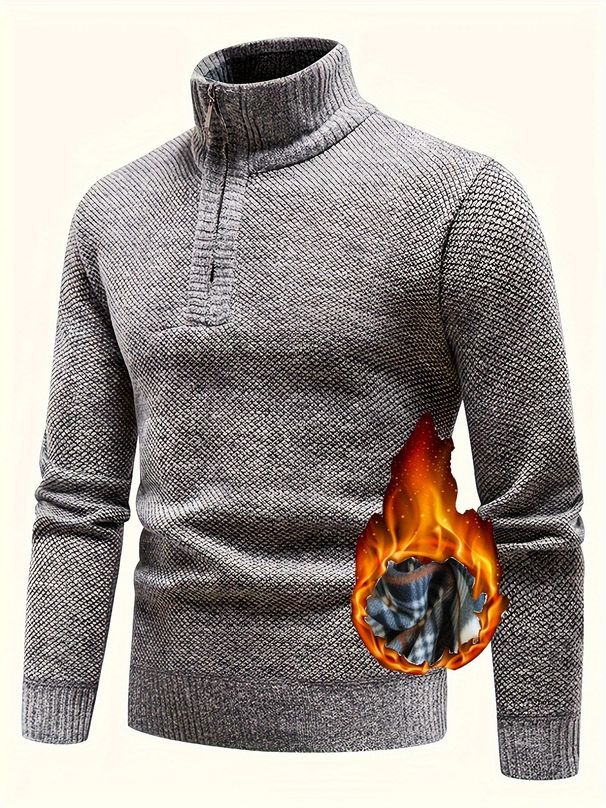 Men's Fleece-Lined Half-Zip Sweater – Warm Stand Collar Knitwear For Autumn & Winter (Dark Gray/Light Gray/Brown/Burgundy, M-3XL)_viptrois.com