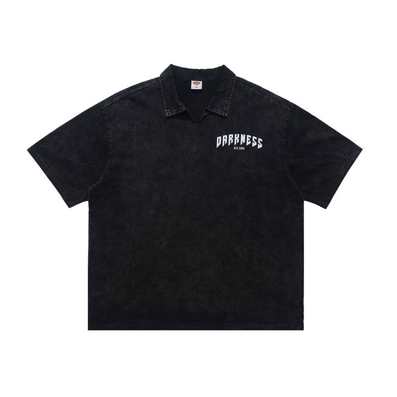 Washed Vintage-style Large Print Short-sleeve Polo T-shirt High Street Pure Cotton_viptrois.com