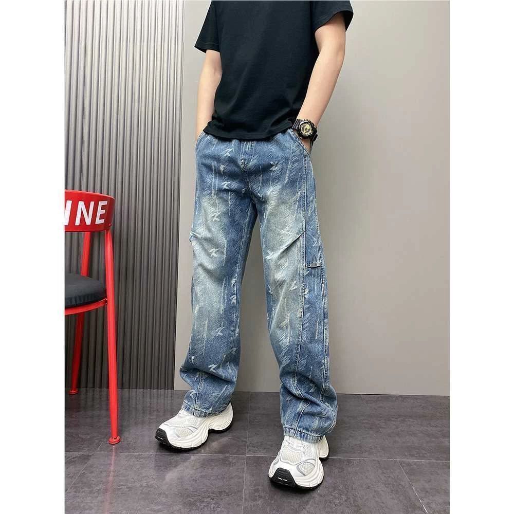 Men's Vintage Washed Denim Pants, Gradient Straight-Leg Jeans With Unique Curved Hem Design For Casual Wear_viptrois.com