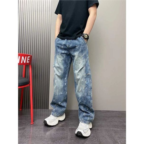 Men's Vintage Washed Denim Pants, Gradient Straight-Leg Jeans With Unique Curved Hem Design For Casual Wear_viptrois.com
