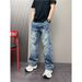 Men's Vintage Washed Denim Pants, Gradient Straight-Leg Jeans With Unique Curved Hem Design For Casual Wear_viptrois.com