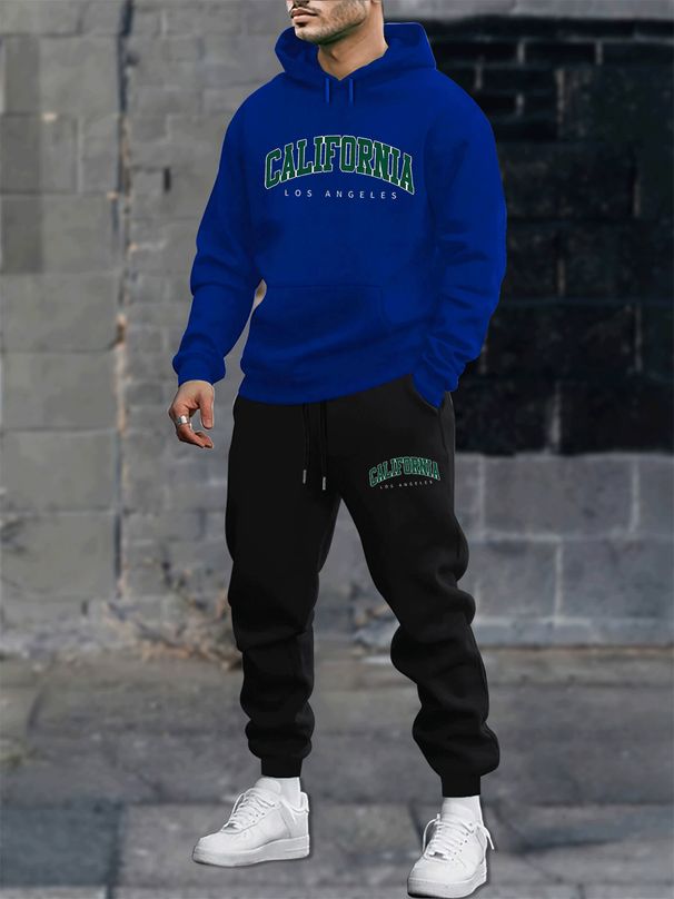 Men's Autumn And Winter Casual Fashion California Pattern Print Loose Suede Thick Hooded Sweatshirt+sports Pants Set_viptrois.com