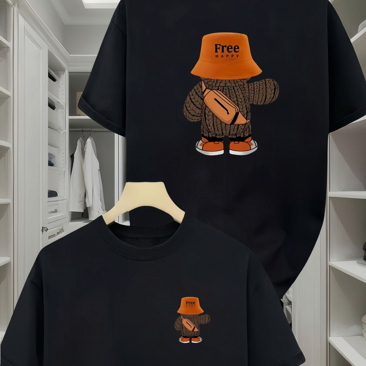 100% Pure Cotton Men's Summer Fashion Short Sleeved Cute Backpack Bear Pattern Printed Casual Slim Fit Versatile T-shirt Top_viptrois.com