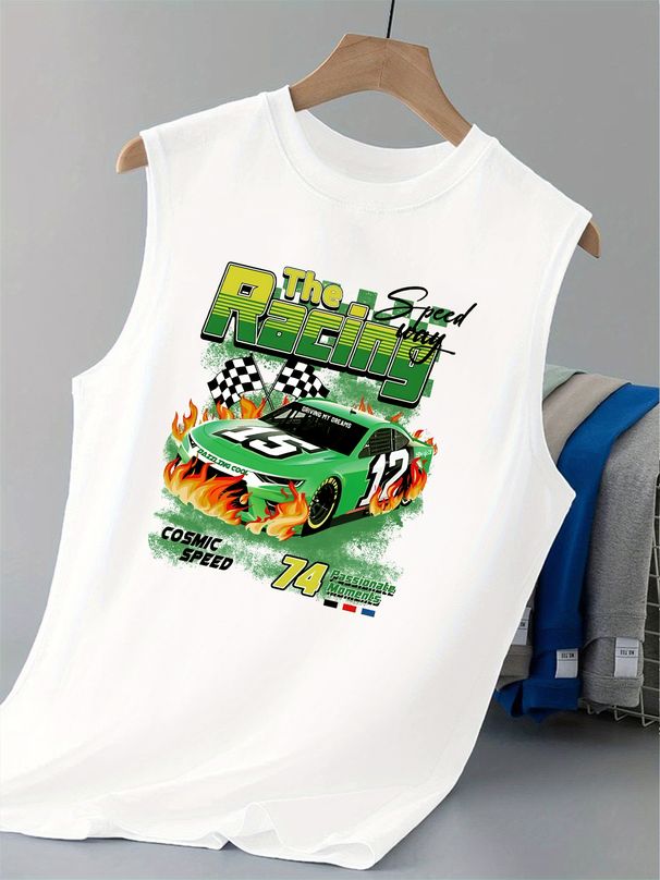 100% Pure Cotton Men's Summer Casual Sports Fitness Loose Fashion Racing Pattern Printed Breathable Round Neck Sleeveless Vest_viptrois.com
