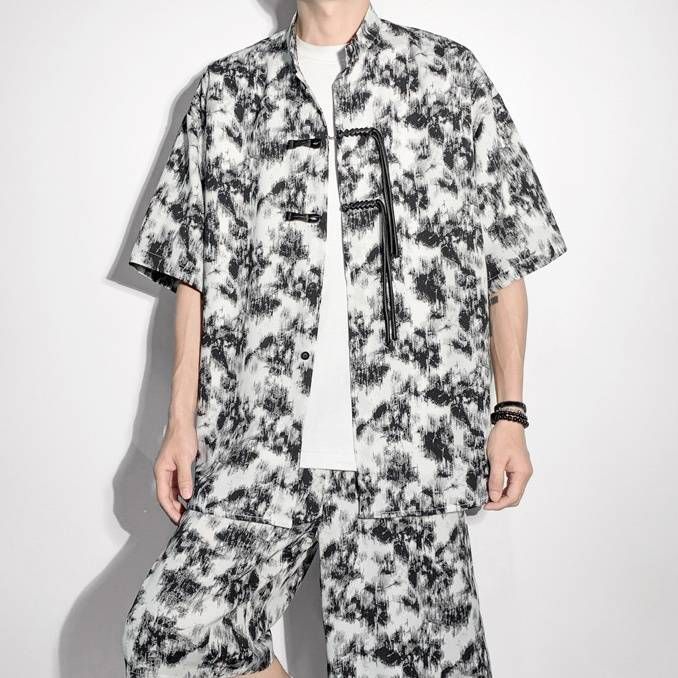 Men's Clothing Ice Silk Drape Floral Shirt Loose Casual Five-point Suit_viptrois.com