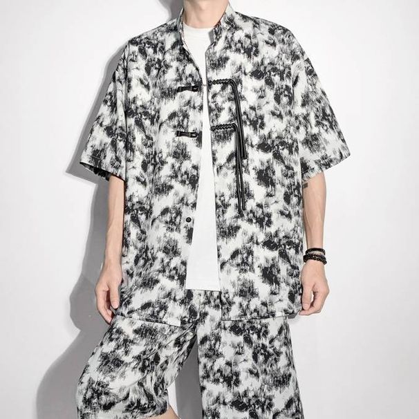 Men's Clothing Ice Silk Drape Floral Shirt Loose Casual Five-point Suit_viptrois.com