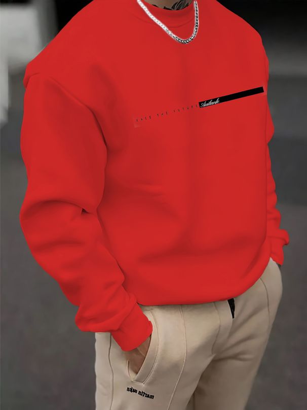 Men's Loose Casual And Fashionable FACE THE FUTURE Letter Pattern Printed Round Neck Long Sleeved Sweatshirt Suitable For Autumn And Winter Wear_viptrois.com