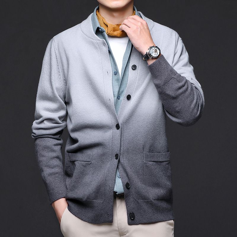 Men's Slim-Fit Gradient V-Neck Cardigan – Korean-Style Knit Sweater For Autumn, Casual Lightweight Pullover_viptrois.com