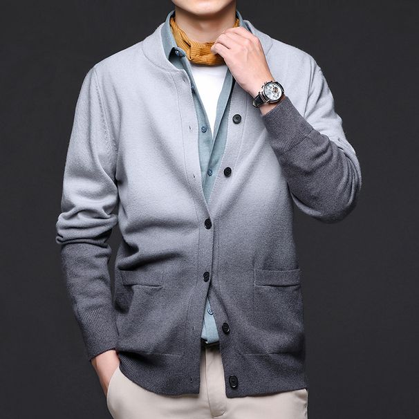Men's Slim-Fit Gradient V-Neck Cardigan – Korean-Style Knit Sweater For Autumn, Casual Lightweight Pullover_viptrois.com