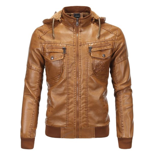 2023 European Size Men's Leather Jacket Washed Leather Hooded Leather Jacket Plus Velvet Warm Leather Jacket Large Size Men's Jacket 1603_viptrois.com