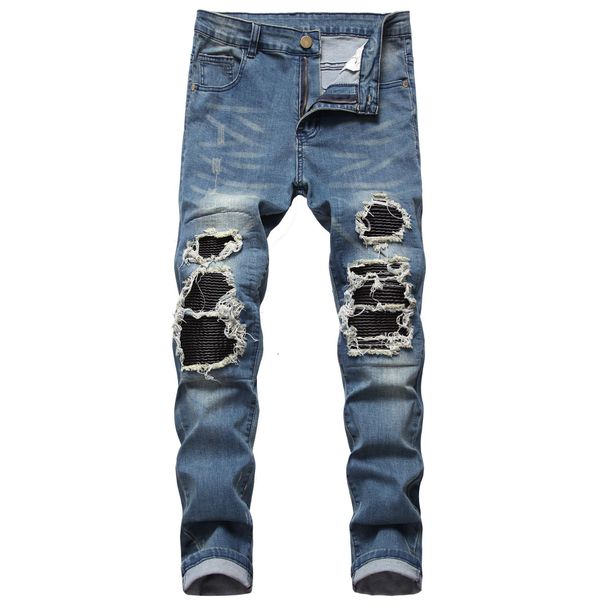 Men's Clothing High Street Ripped Heifeng Slim Skinny Jeans Men's Leather Stretch Men's Trousers_viptrois.com