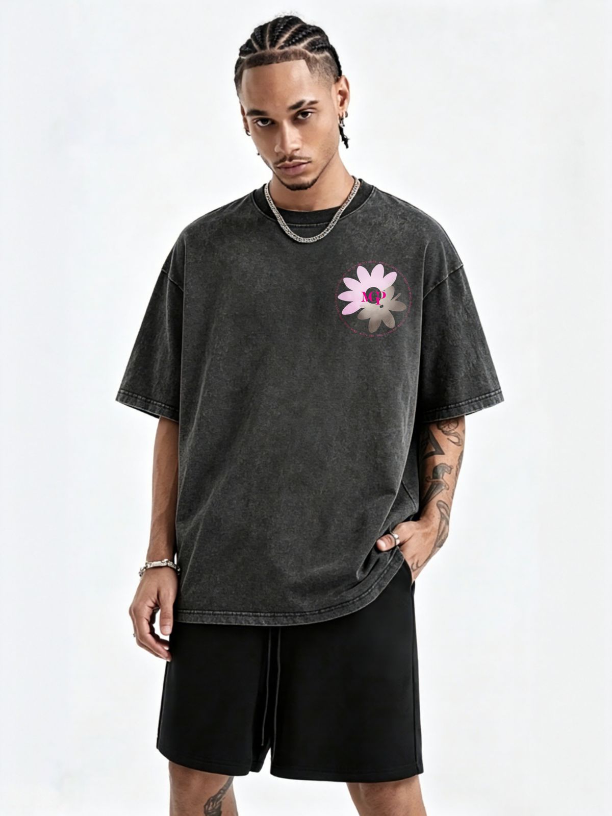 230g Washed Men T-Shirt Gradient Pink Daisy MGP Circular Text Print Short Sleeve Crew Neck Casual Streetwear Top_viptrois.com