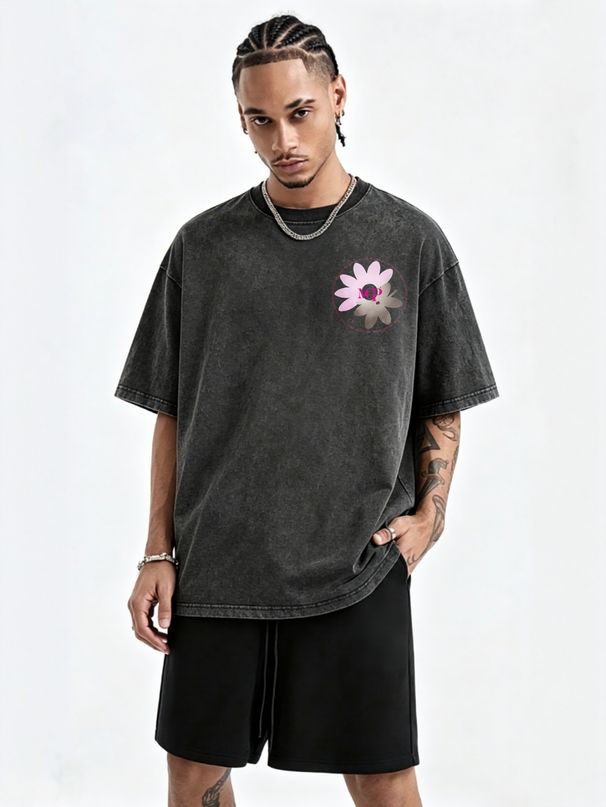 230g Washed Men T-Shirt Gradient Pink Daisy MGP Circular Text Print Short Sleeve Crew Neck Casual Streetwear Top_viptrois.com