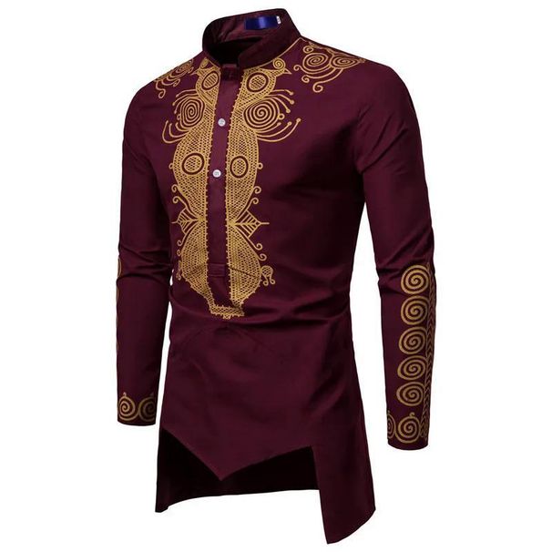 Men's Clothing Medium Shirt Muslim Gold Plated Printed Stand Collar White Shirt_viptrois.com