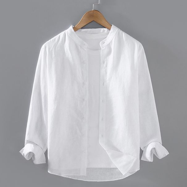 Pure Linen Men's Long Sleeved Shirt Stand Up Collar Shirt Large Size Loose And Versatile Trendy Clothes_viptrois.com