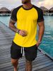2025 New Summer Men's Raglan Round-neck Short-sleeved Shirt + Cargo Shorts Two-piece Set_viptrois.com