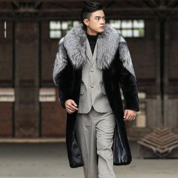 Men's Faux Mink Fur Coat – Oversized Long Jacket With Notch Lapel, Streetwear Winter Coat (9 Sizes, Black, Relaxed Fit)_viptrois.com