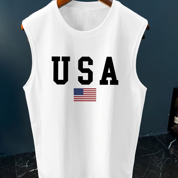 100% Pure Cotton Men's Summer Casual Sports Fitness Loose American Flag Print Breathable Round Neck Sleeveless Vest_viptrois.com