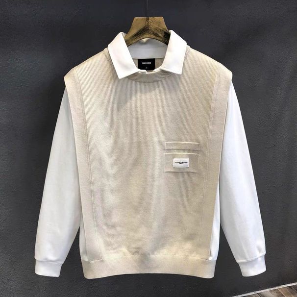 Loom Autumn Winter Two-Piece Light Mature Style Cool Base Men's Trendy Fashion Casual Patchwork Color-Block Shirt Collar_viptrois.com