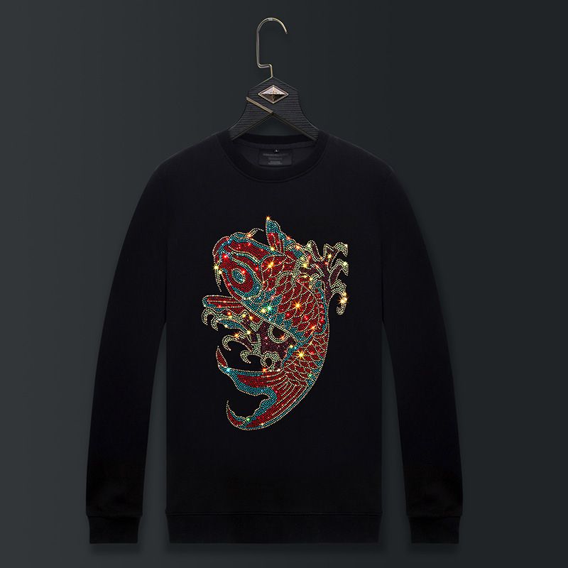 Men's Clothing Spring And Autumn Style Autumn And Winter Bottoming Shirt Round Neck Men's Long Sleeve Hot Diamond Carp_viptrois.com