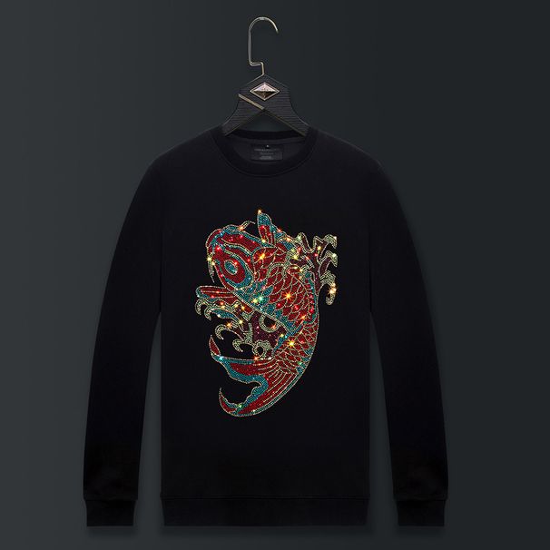 Men's Clothing Spring And Autumn Style Autumn And Winter Bottoming Shirt Round Neck Men's Long Sleeve Hot Diamond Carp_viptrois.com