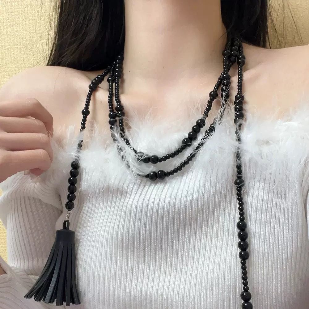 Chinese Style Retro Classic Black Beaded Tassel Necklace Stacked Personality Multi Layer Necklace Leather Strip Multi Purpose Waist Chain_viptrois.com