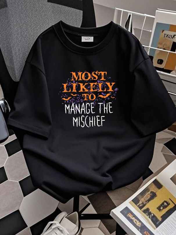 Most Likely To Halloween Manage The Mischief Matching T-Shirt Designer Clothes Graphic Casual T-Shirt For Women Casual Female Unisex Top For Everyday Wear Comfortable Soft Breathable Stylish Women Print Round Neck Short Sleeve Slightly Stretched_viptrois.com