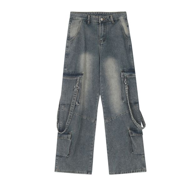 Multi-Pocket Cargo Jeans For Men, High Street Style, Trendy Design With Ribbon Decoration, Loose Washed Straight-Leg_viptrois.com