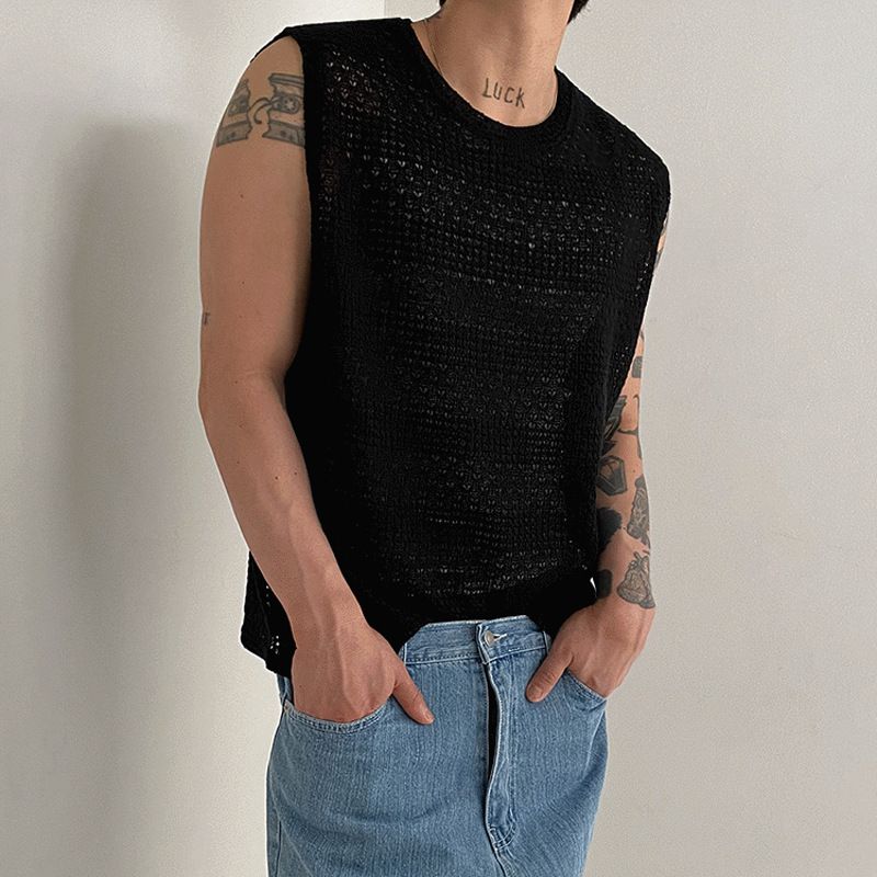 Men's Clothing Hollow Knitted Vest Loose Sleeveless T Shirt Trendy Niche Round Neck Waistcoat Top_viptrois.com