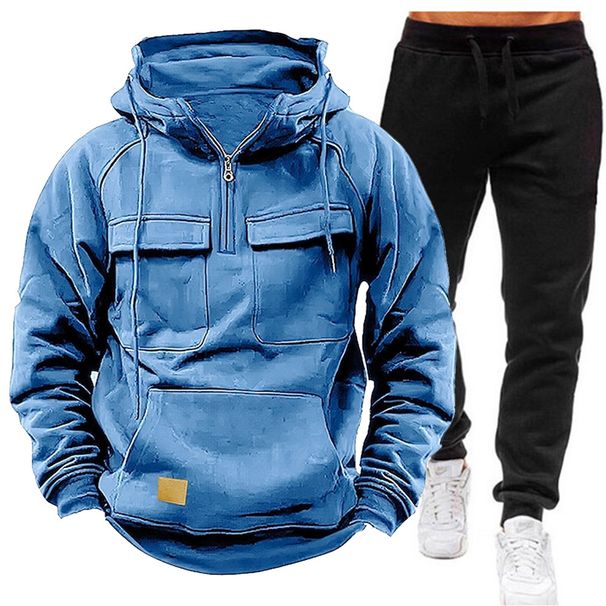 Winter Half-Zip Hooded Loose Long Sleeve Sweatshirt Pants For Youth With Multiple Pockets And Leather Jacket_viptrois.com