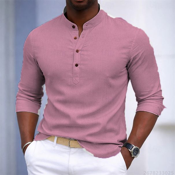 Camisa Henley 2026 Para Hombre, Cuello Alto, Color Sólido, Corte Ajustado, Manga Larga, Estilo Casual Y De Negocios, Disponible En 19 Colores_viptrois.com