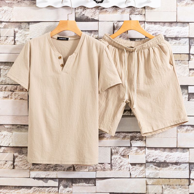 Men's Clothing Short Sleeved Shorts Suit Cotton And Linen Solid Color T Shirt Two Piece Suit_viptrois.com