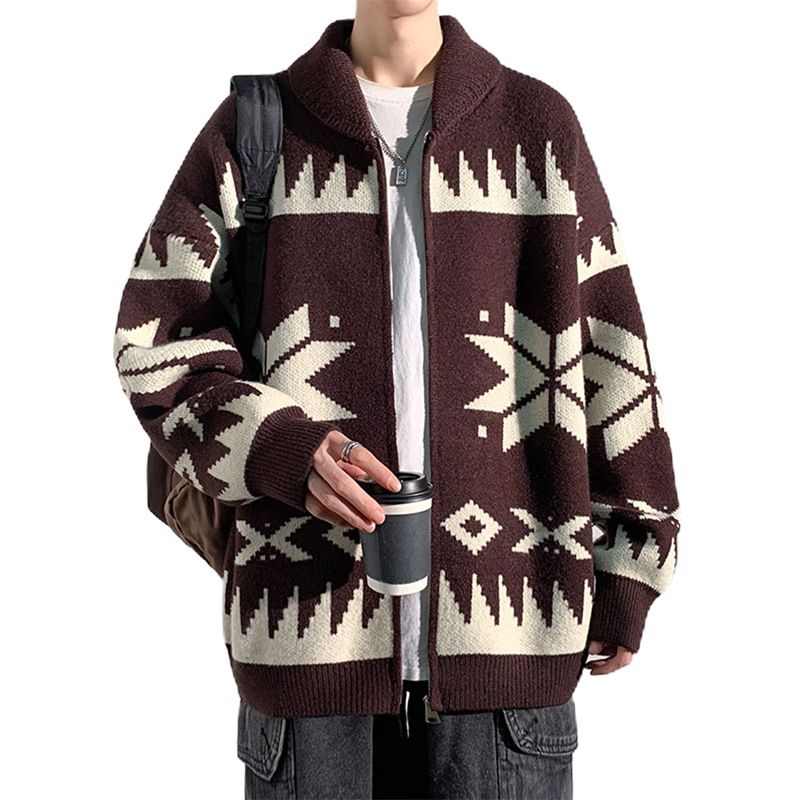 Men's Plus Size Knit Cardigan Sweater - Ethnic Pattern, Business Casual, Breathable & Machine Washable (Black, Coffee, Wine Red)_viptrois.com