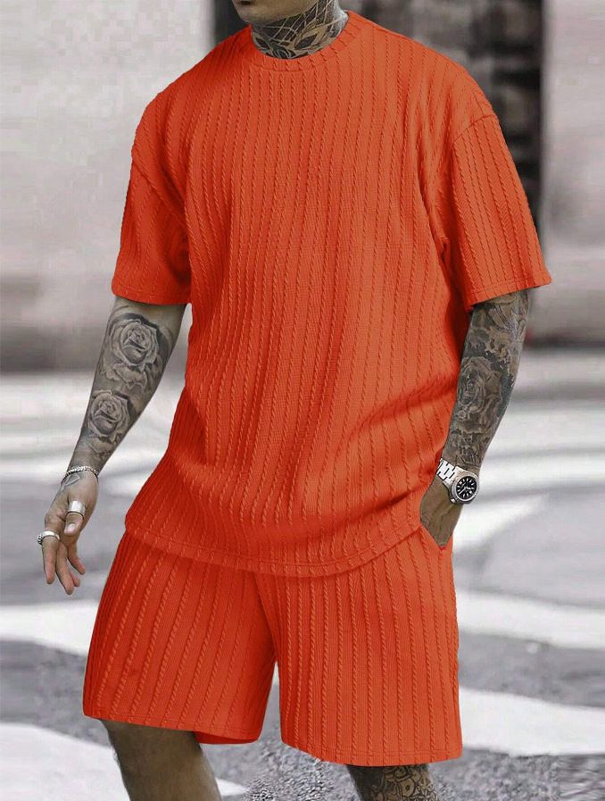 Men's Clothing Sports Solid Color Round Neck Pullover Vertical Striped T Shirt Shorts Short Sleeves Two Piece Suit_viptrois.com