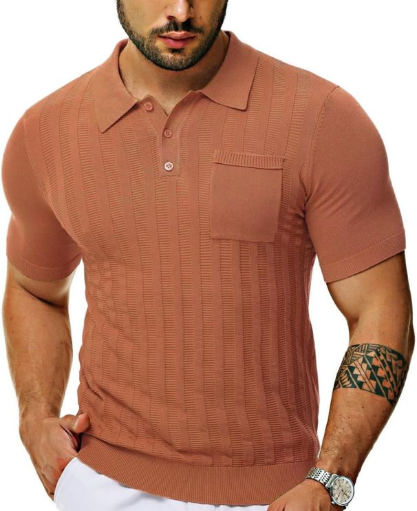 Men's Clothing Summer New Men's Casual Polo Shirt V Neck Pocket Button Short Sleeve Cool Breathable Knitted Men's Shirt_viptrois.com
