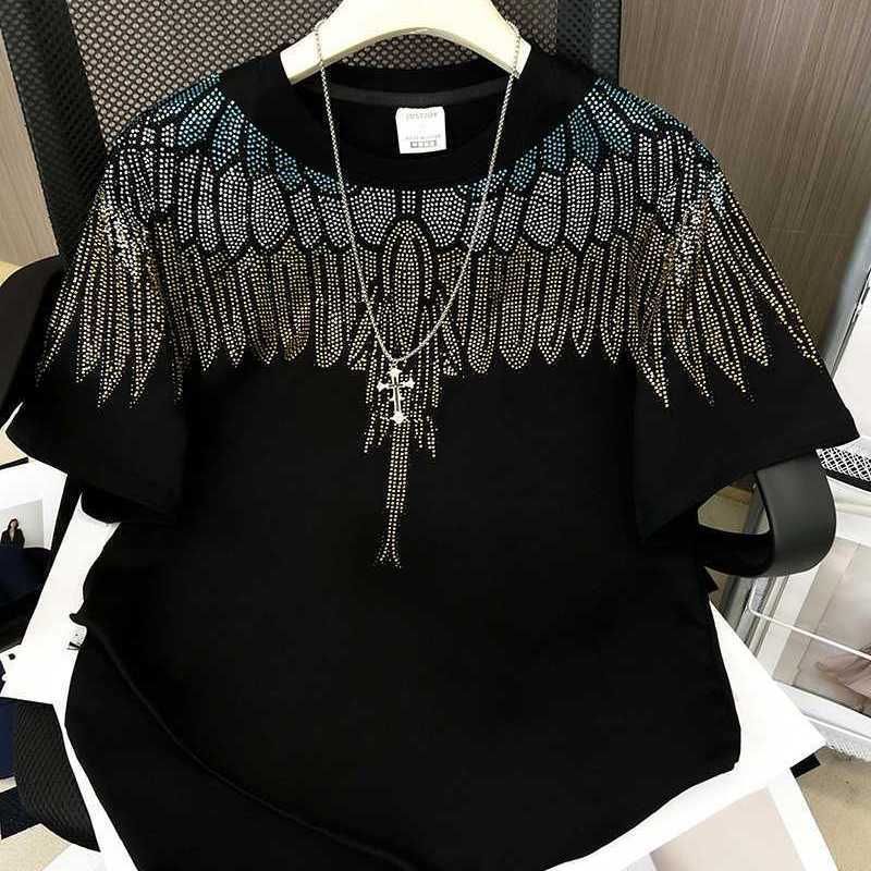 American Style Plus Size 150kg Retro Heavy Industry Wings Rhinestone Short Sleeve T-Shirt Unisex Loose Couple Casual_viptrois.com