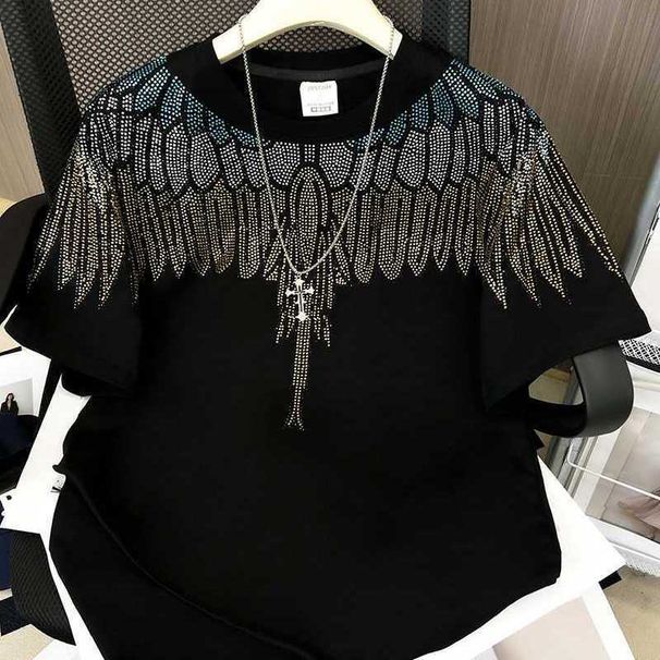 American Style Plus Size 150kg Retro Heavy Industry Wings Rhinestone Short Sleeve T-Shirt Unisex Loose Couple Casual_viptrois.com