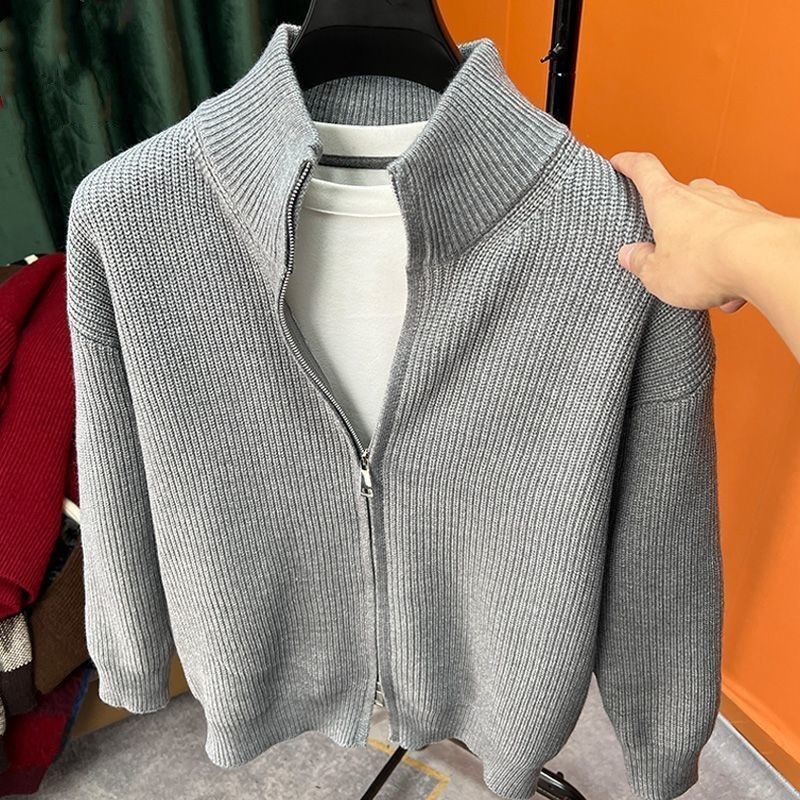 Men’s Zip-Up Knit Sweater – Trendy Slim-Fit Cardigan, Stretchable & Breathable Polyester, Crew Neck With Cable Knit Design_viptrois.com