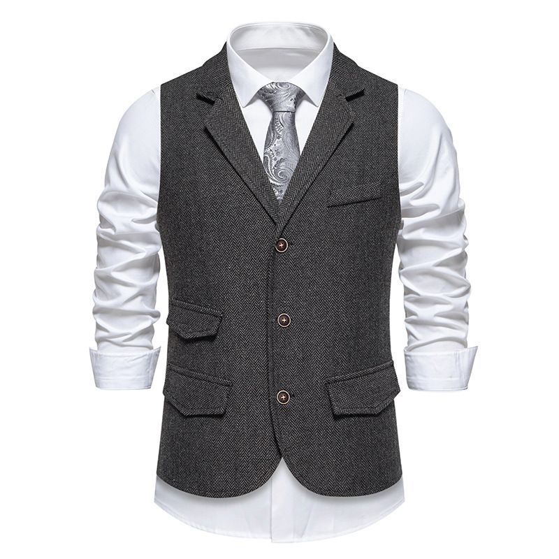 Men's Cos Herringbone Tweed Suit Vest Retro Lapel Single-breasted Vest Vest_viptrois.com