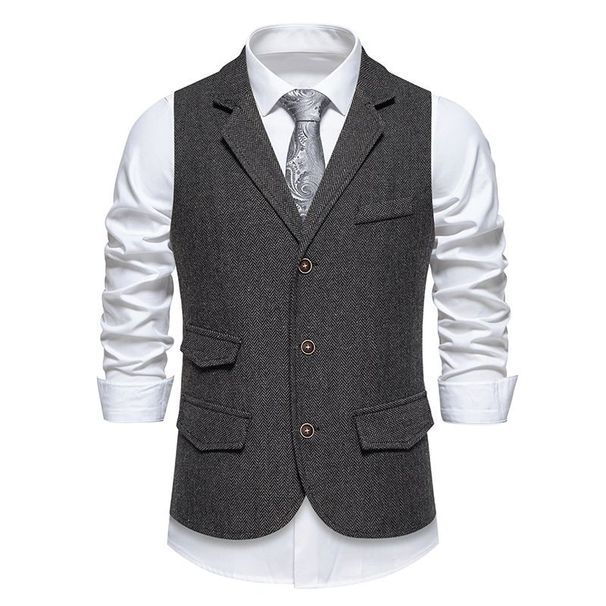 Men's Cos Herringbone Tweed Suit Vest Retro Lapel Single-breasted Vest Vest_viptrois.com