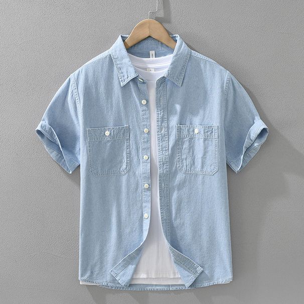 Retro Denim Short Sleeved Shirt For Men, Fashionable And Versatile, Artistic And Casual Loose Top_viptrois.com
