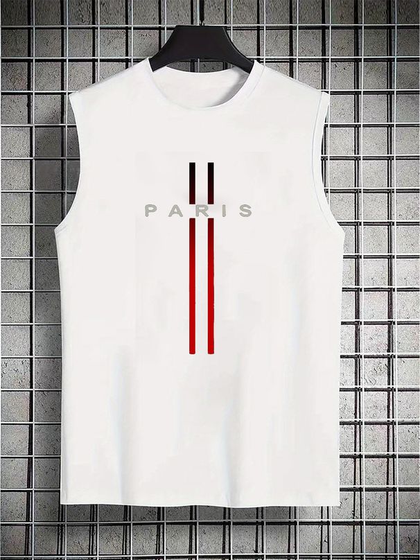 100% Pure Cotton Men's Summer Casual Sports Fitness Loose Paris Pattern Printed Breathable Round Neck Sleeveless Vest_viptrois.com